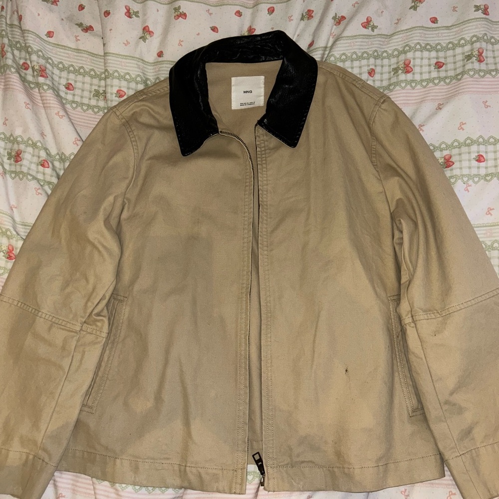 Beige Carpenter Jacket with Vegan Leather Collar